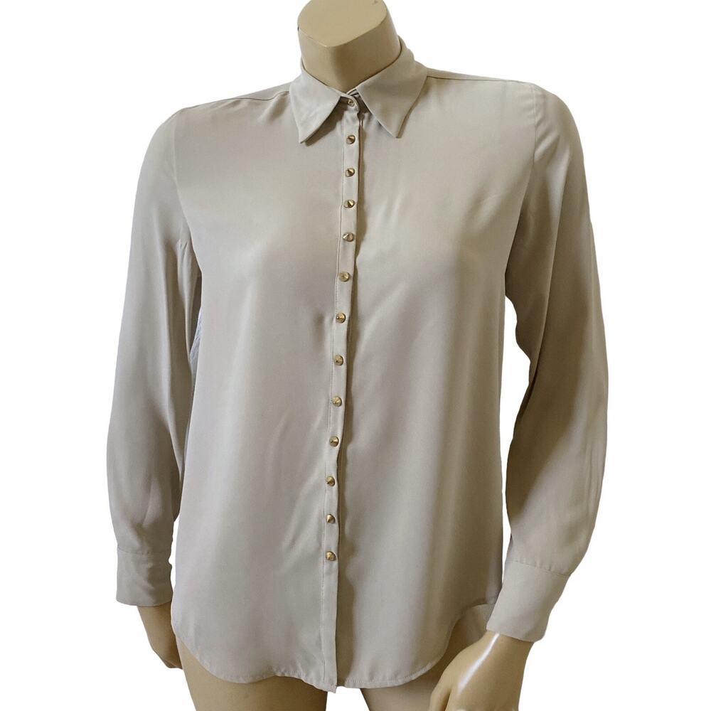 Vince Camuto Womens XS Beige Studded Snap Front Collared Button Up Blouse